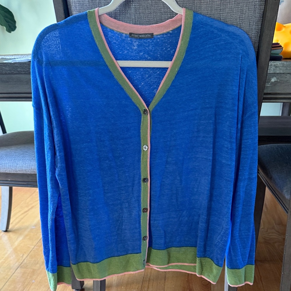 Stylish Blue Cardigan with Green and Pink Trim